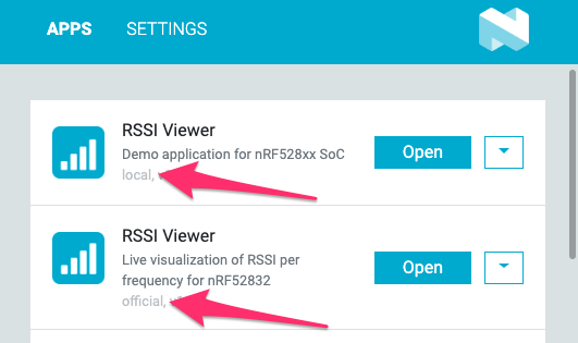 nRF Connect for Desktop launcher showing two entries for the RSSI app, with arrows pointing to the different labels "local" and "official" below it